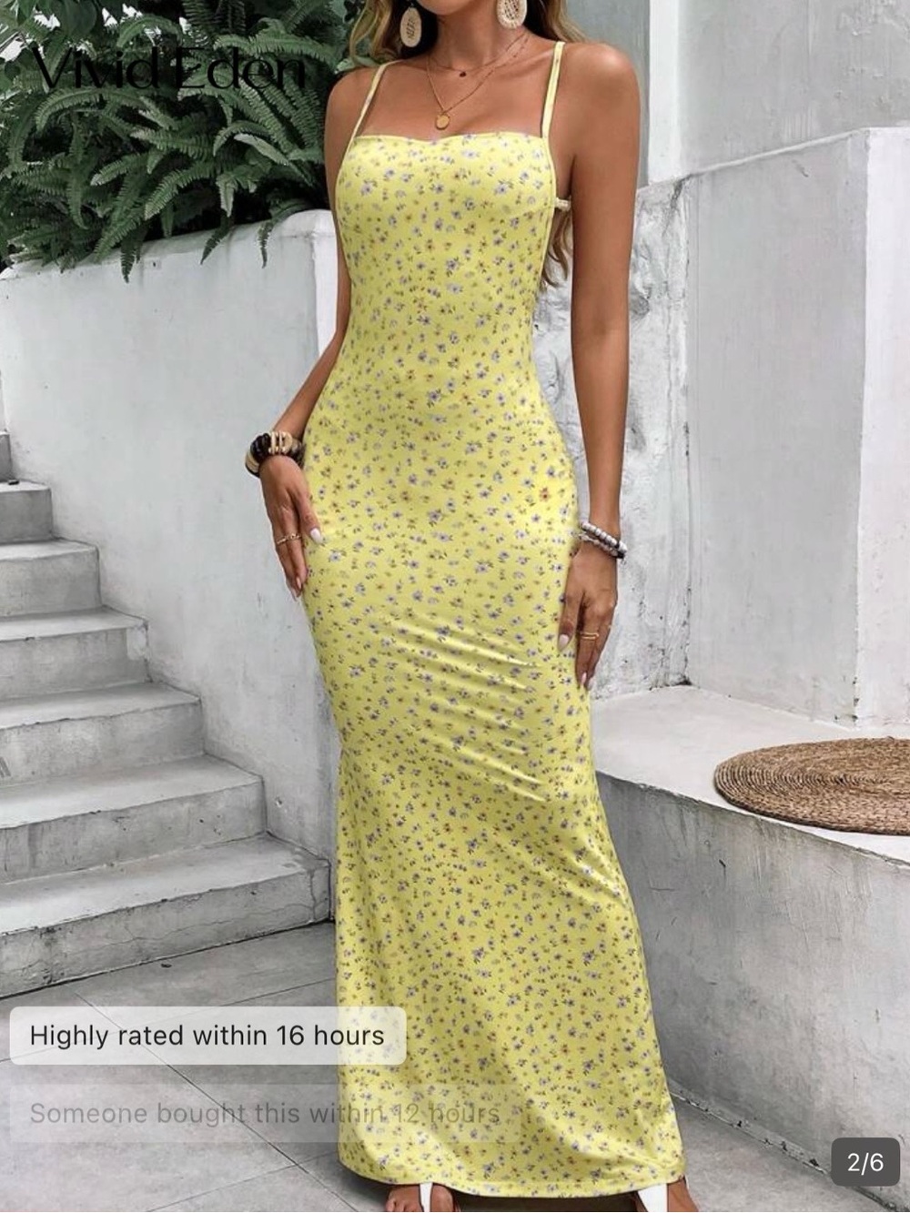 SHEIN Yellow Floral Slip Maxi Dress with Thin Straps